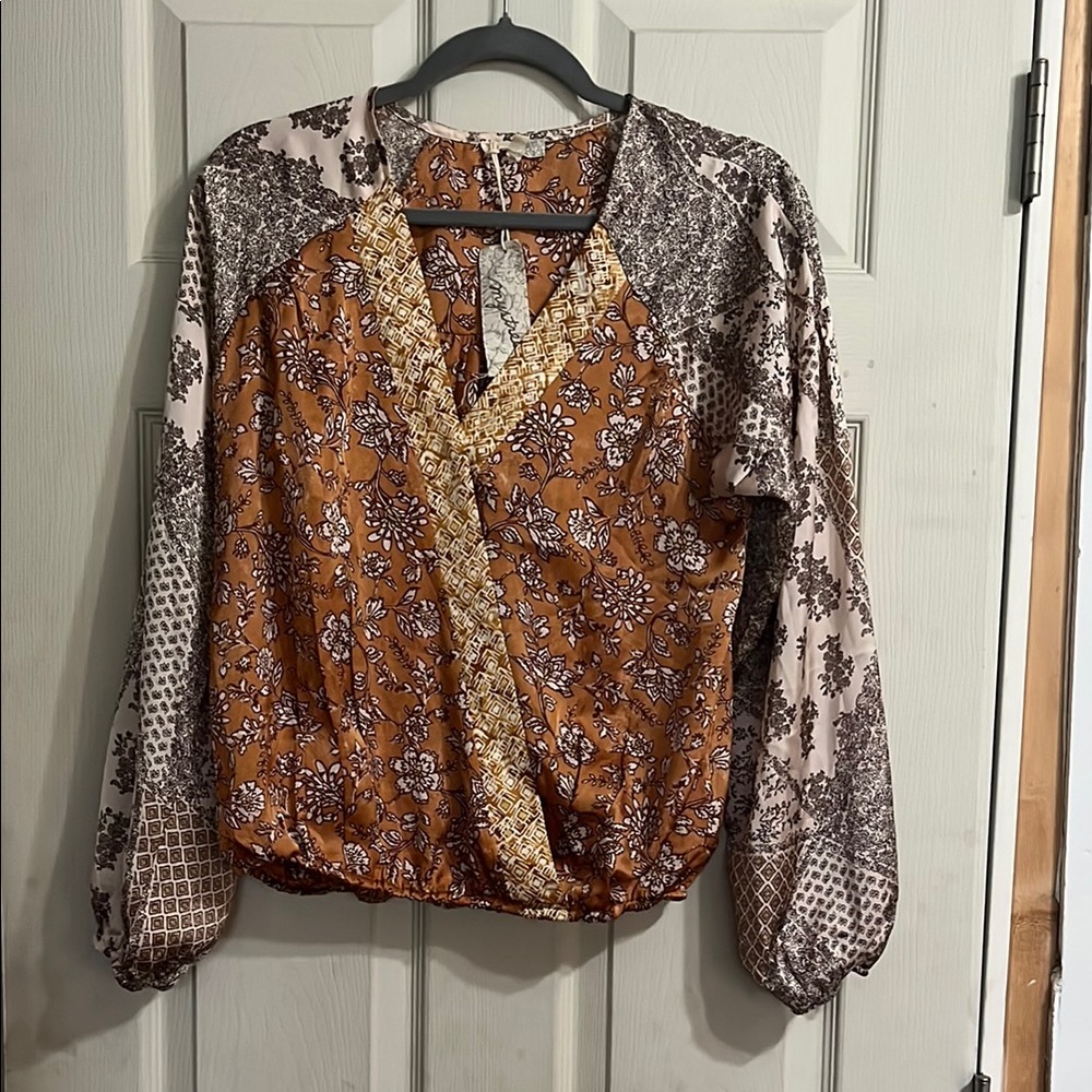 Mystree Orange Wrap Blouse with Relaxed Sleeves